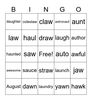 Bingo using vowel teams: au, aw Bingo Card