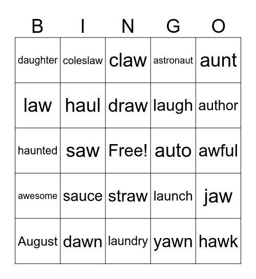 Bingo using vowel teams: au, aw Bingo Card