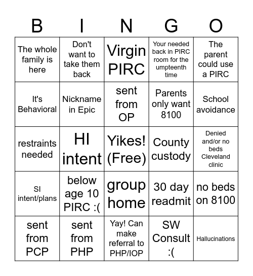 PIRC-Uh-licious Bingo Card