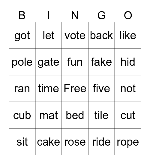 Short and Long Vowels Bingo Card