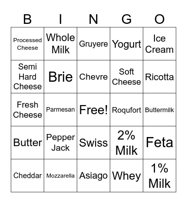 Milk Products Bingo Card