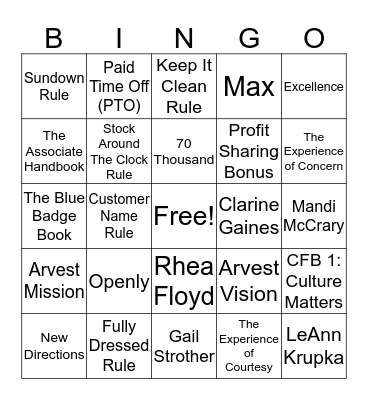 Arvest Culture Bingo Card