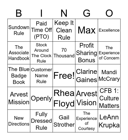 Arvest Culture Bingo Card