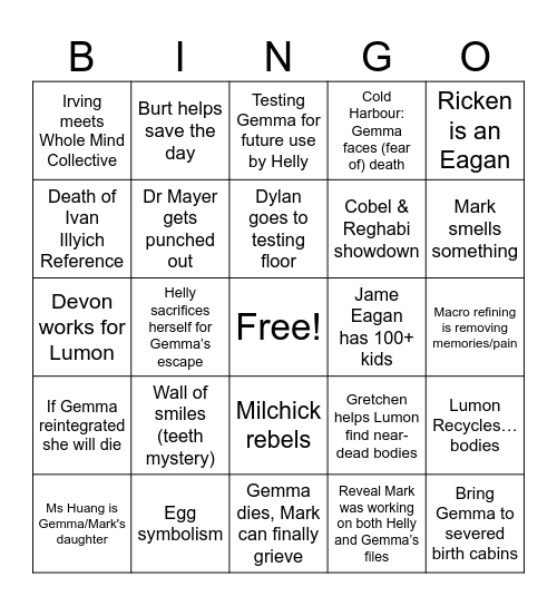Severance S2 Finale Bingo Card