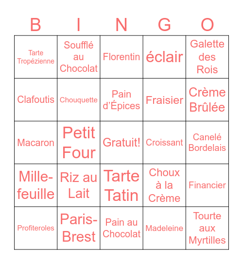 Les pâtisseries Bingo Card