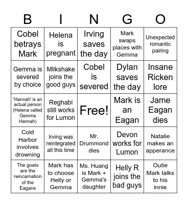 Season Finale Predictions Bingo Card