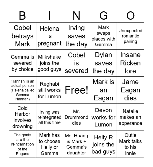 Season Finale Predictions Bingo Card