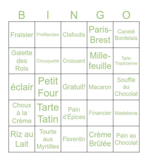 Les pâtisseries Bingo Card