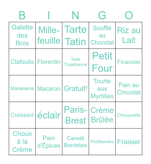 Les pâtisseries Bingo Card