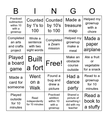 Spring Break Bingo Card