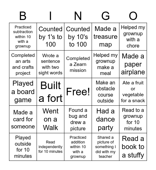 Spring Break Bingo Card