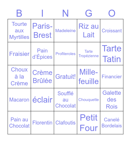 Les pâtisseries Bingo Card