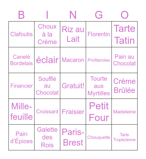 Les pâtisseries Bingo Card