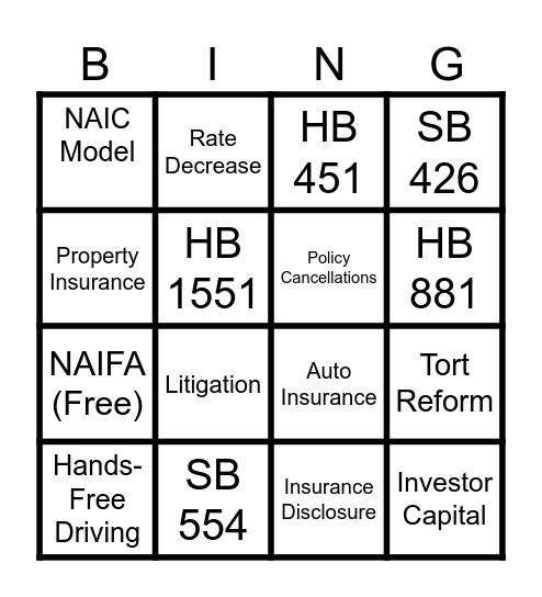 NAIFA-FL Legislative Triva Card Bingo Card