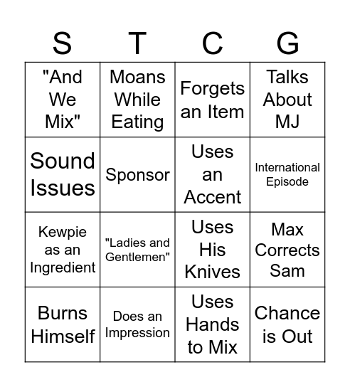 Sam the Cooking Guy BINGO Card