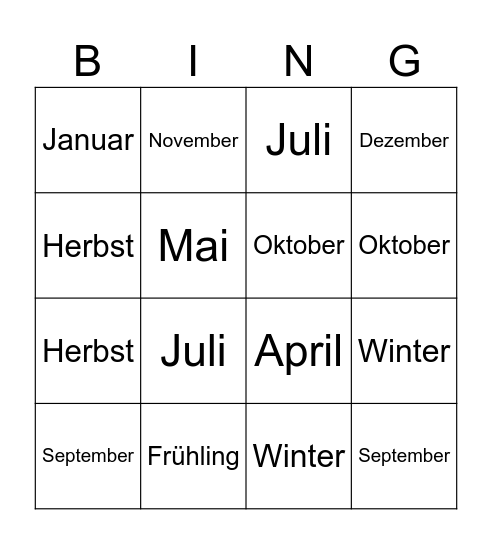 Monate und Jahreszeiten Bingo Card
