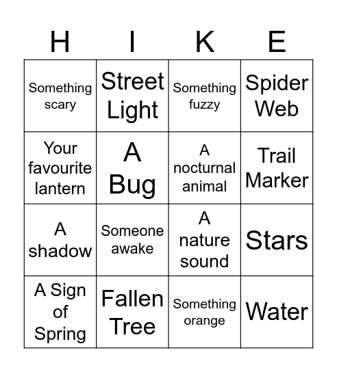 Night Hike Bingo Card