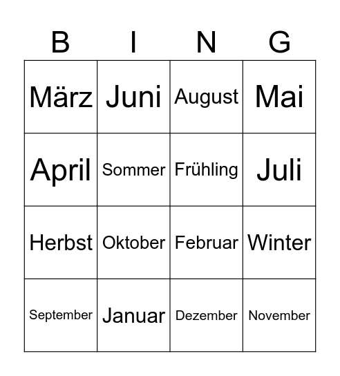 Monate und Jahreszeiten Bingo Card