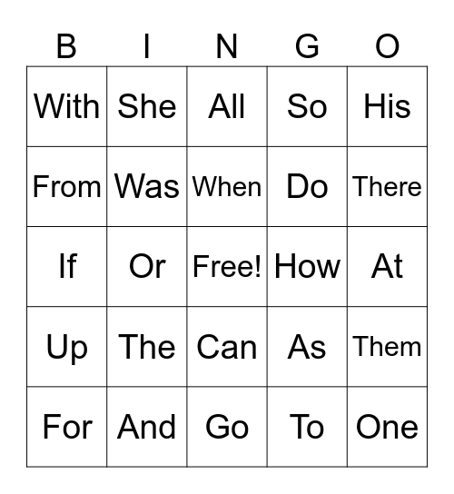 SIGHT WORDS Bingo Card