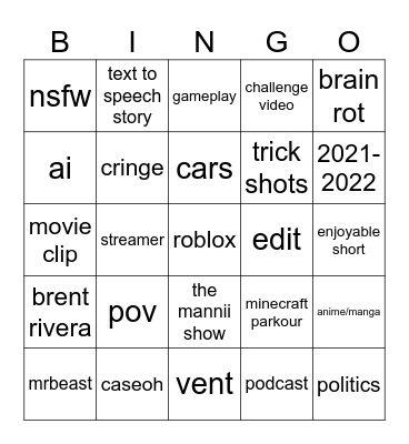 youtube shorts Bingo Card
