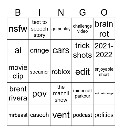 youtube shorts Bingo Card