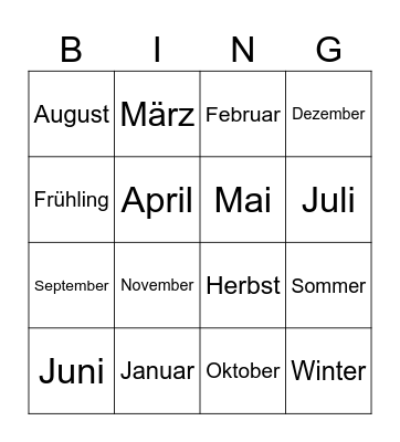 Monate und Jahreszeiten Bingo Card