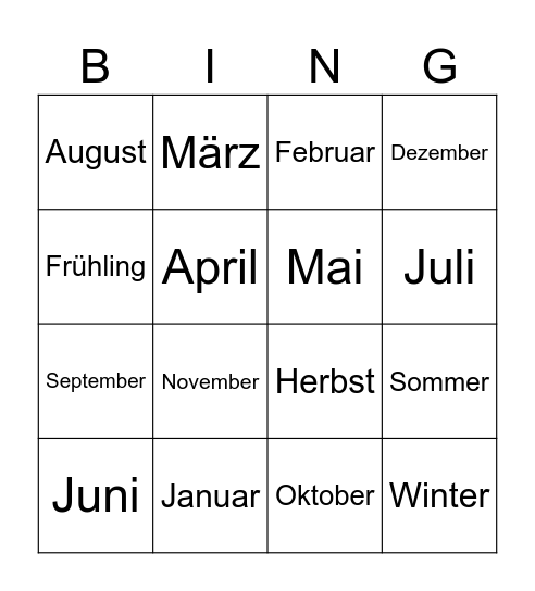 Monate und Jahreszeiten Bingo Card