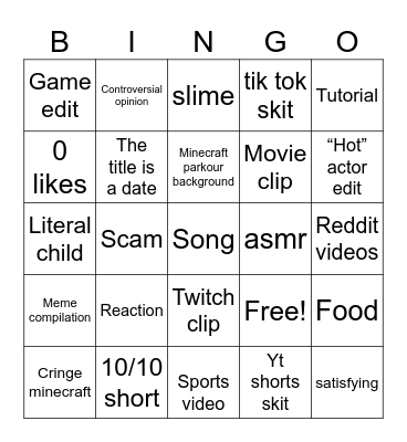 YouTube shorts Bingo Card