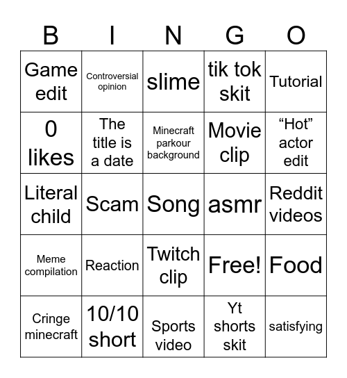 YouTube shorts Bingo Card