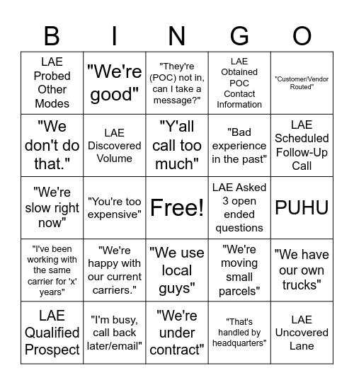 Prospecting Bingo Card