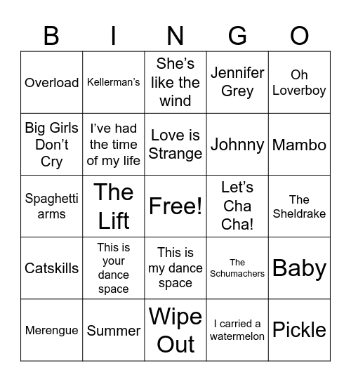 Dirty Dancing Bingo Card