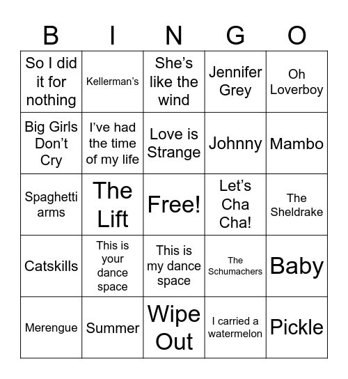 Dirty Dancing Bingo Card