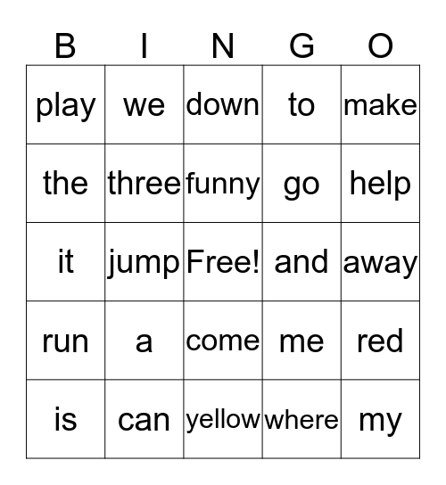 Pre -Primer Bingo Card