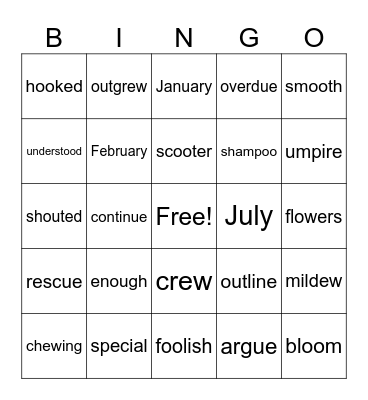 Single and Multisyllabic Word Bingo Card