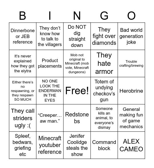 Minecraft Movie Bingo Card