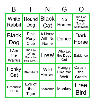 MUSIC BINGO at the Ann Arbor Eagles! Animal Songs! Bingo Card