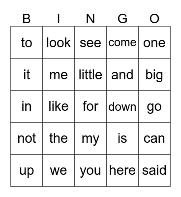 Sight Words Bingo Card