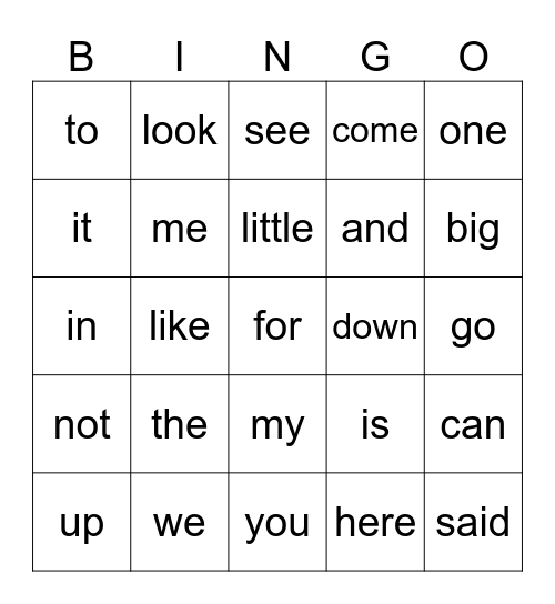 Sight Words Bingo Card