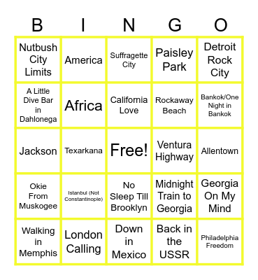 MUSIC BINGO at the Ann Arbor Eagles! Songs About Places! Bingo Card