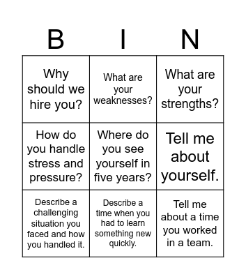 Interview Prep Bingo Card