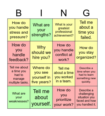 Interview Questions Bingo Card