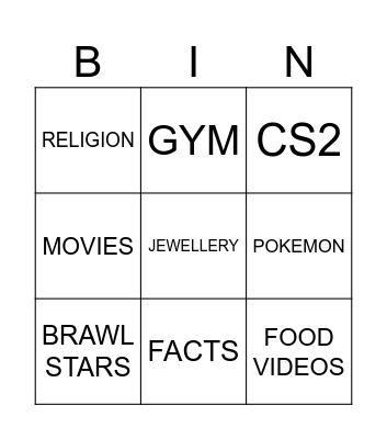 shorts bingo card Bingo Card