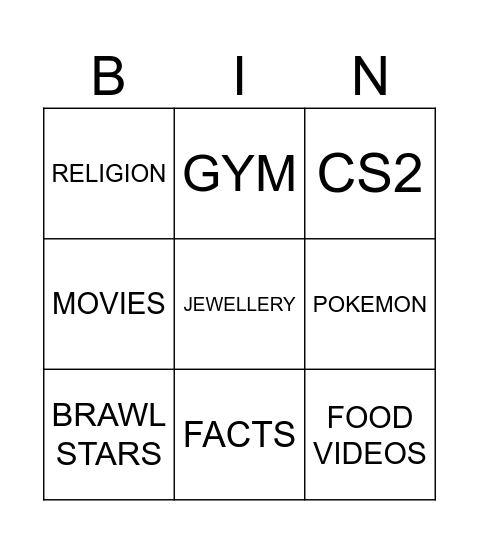 shorts bingo card Bingo Card