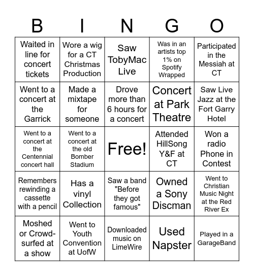 Musical Experience Bingo Card