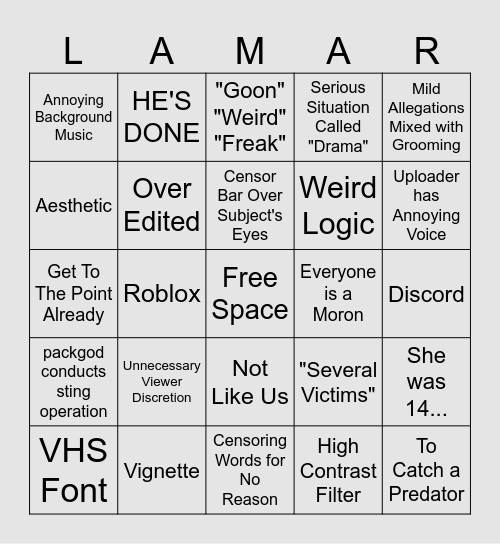 YouTube Groomer Exposé Bingo Card