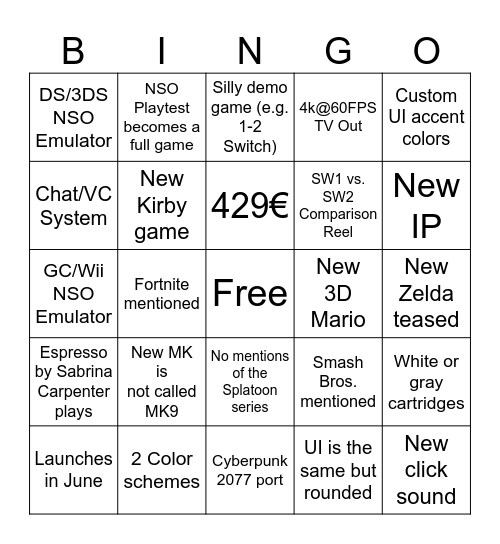 Switch 2 Direct Bingo Card Bingo Card