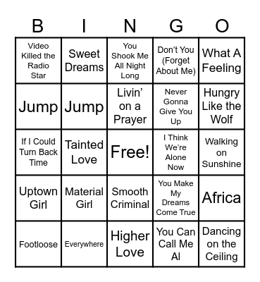 80's Music Bingo Card