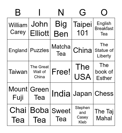 Missions and Tea Around the World Bingo Card