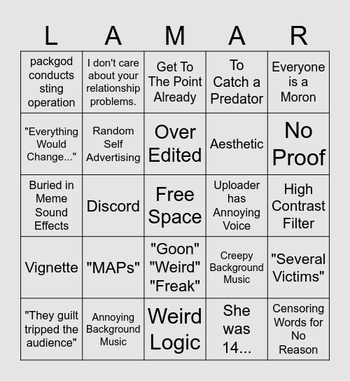YouTube Groomer Exposé Bingo Card