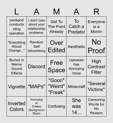 YouTube Groomer Exposé Bingo Card